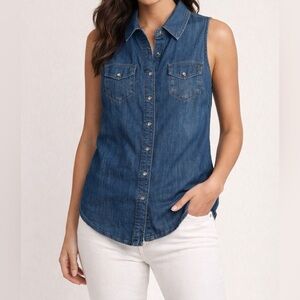 GUESS Classic Blue Denim Sleeveless Button Front Vest Top Size M